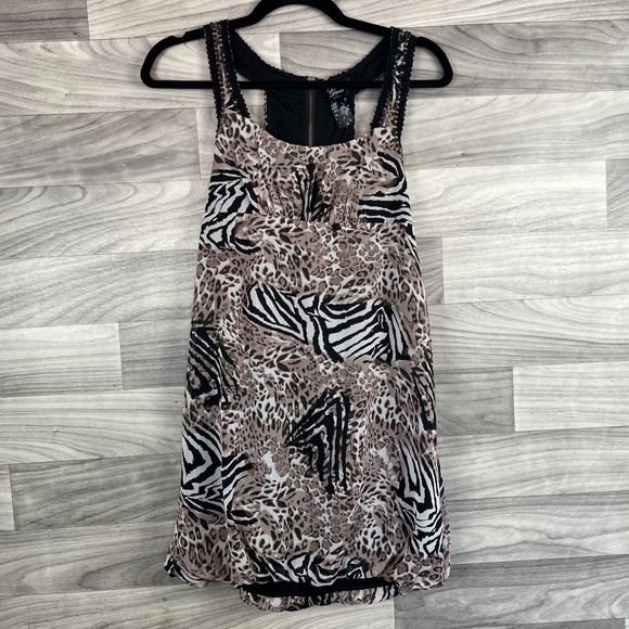 Guess Mini Dress Women's 5 Black Brown Animal Print Wide Straps Back Zip Beaded - Picture 1 of 16